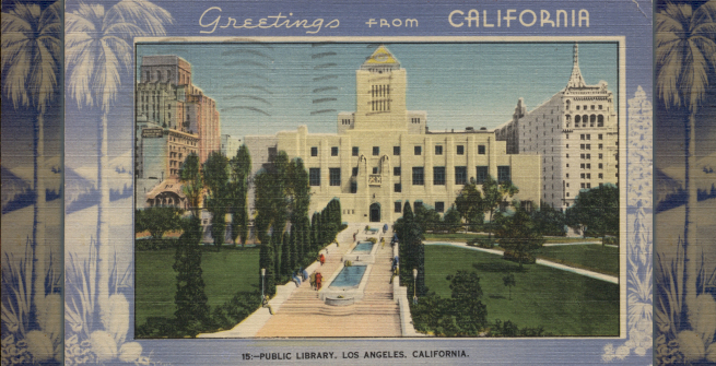 Linen postcard featuring Central Library, postmarked March 1943 