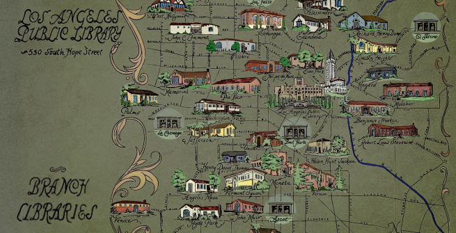 Map of Los Angeles Public libraries by Abigail Lois Cleaves. Colorized version