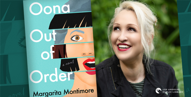 Author Margarita Montimore with her debut novel, Oona Out of Order