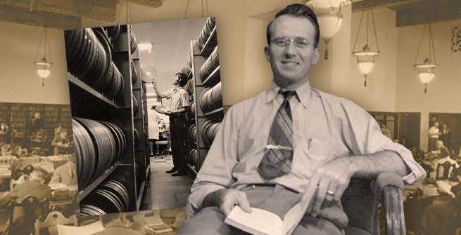 John Bernhill Phillips, the first designated Central Library director. Shelves of film reels in the Audio-Visual Department