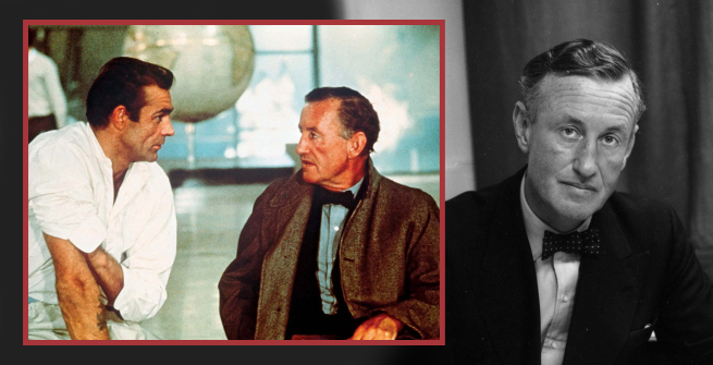 Sean Connery with Ian Fleming on set next to a headshot of Ian Fleming