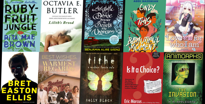 Collage of books that made LAPL staff represented as LGBTQ+ readers