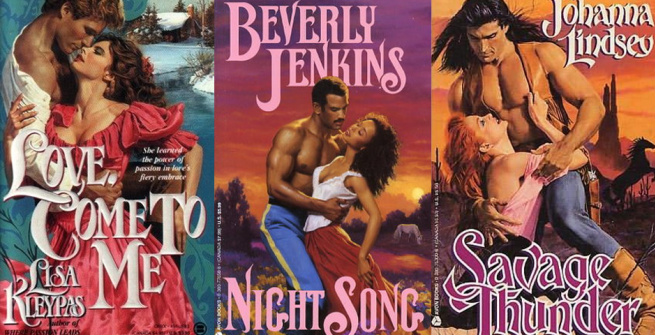three examples of romance book cover art featuring couples embracing passionately