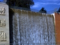 The Fort Moore Pioneer Memorial, with its waterfall flowing, as seen from Hill Street, dated November 1, 1958 Fort Moore Pioneer Memorial opening day