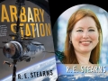 left side of graphic is the book cover of Barbary Station. right side of graphic is a photograph of the author