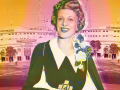Graphic illustration of Aimee Semple McPherson and Angelus Temple