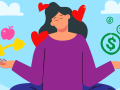 Illustration of person contemplating on love, health and money