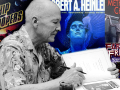Science Fiction writer, Robert A. Heinlein against a collage of his books