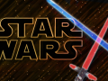 Star Wars logo type and blue and red lightsabers