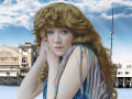 color postcard image of Sarah Bernhardt in front of the Venice Canals