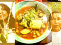 Collage of author with family and bowl of soup with corn