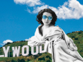 Sarah Bernhardt larger than life merged with a phto of the hollywood sign