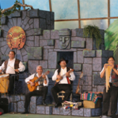 The four Inca musicians playing a concert at the Hollywood Bowl.