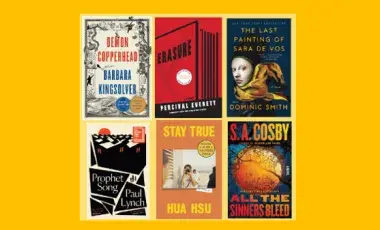 6 book covers on an orange background 