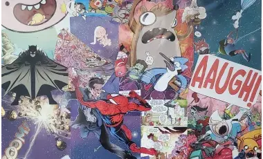 A vibrant collage of various comic book and cartoon characters, with colorful action scenes, speech bubbles, and sound effects.