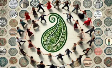 An overhead view of two concentric circles of people dancing on a mosaic tile floor.