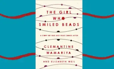Book cover of "The Girl Who Smiled Beads" on a blue background with red wavy lines
