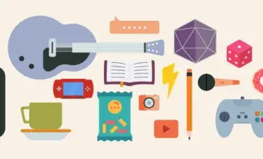 Clipart of various items like a guitar, skateboard, game controller, book, snacks, and beverages