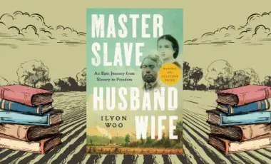 field with clouds and stacks of books with the main book, "Master Slave Husband Wife" by Ilyon Woo in the middle