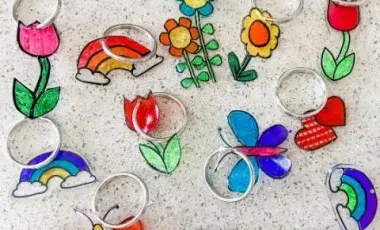 flower, butterfly and rainbow shrinky dink keychains