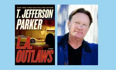 To the left is the cover of the book L.A. Outlaws, featuring a yellow sports car and the silhouette of a woman. To the right is a photograph of the author, wearing a blue jacket over a black t-shirt.  