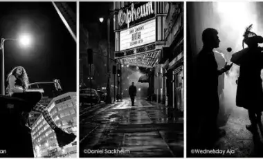 A series of three black and white photographs in film noir style of various places in Los Angeles.