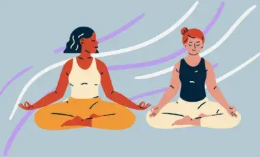 Illustration of two females sitting in yoga poses with a blue background