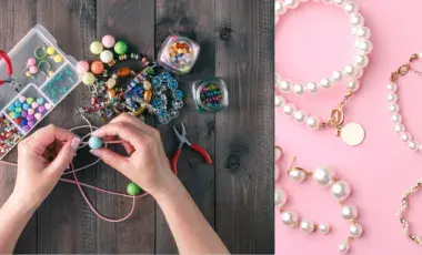 Pair of hands making jewelry with another photo of jewelry on a pink background