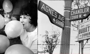 Two photos: one is a man and woman blowing up balloons, and the other is a street sign marking the intersection of Agnes Ave. and Chandler Blvd