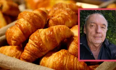 An assortment of croissants on a plate and a photo of the presenter
