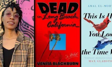 Venita Blackburn is pictured wearing sunglasses and a jacket, next to the covers for Dead in Long Beach, California and This is How You Lose The Time War