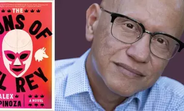 Author Alex Espinosa pictured next to the cover of The Sons of El Rey 