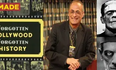Photograph of one man and also photographs of Hollywood classic monsters