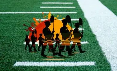 Red and yellow marching band silhouette with football field background