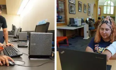 Adults and Cybernauts are learning and teaching about computers in the library together.
