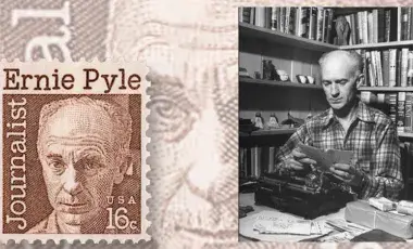 Ernie Pyle postage stamp next to Ernie Pyle sitting at a typewriter.