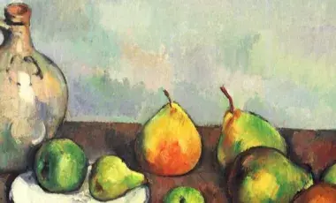 A still life painting with a pitcher, plate, and pears.