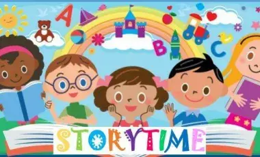 Graphic of 5 joyful children with a big book
