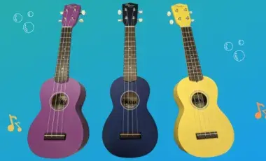 colorful ukuleles with a blue blackground, air bubbles and colorful musical notes
