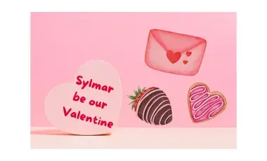 Valentine's heart that says Sylmar be our Valentine with images of chocolate covered strawberries, a heart shaped cookie and an envelope with hearts on it. 