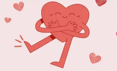 An illustration of a red heart with legs, arms, and a face hugging itself.