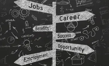 Post with descriptions of job terms on arrows pointing in various directions. 