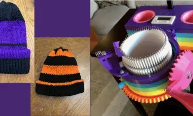 Picture of crank-knitting machine and beanies 