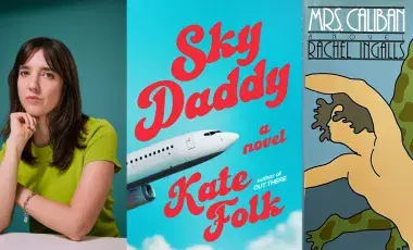 Author Kate Folk is depicted next to the bright blue cover of her book "Sky Daddy" which also features an airplane and vintage cursive text, as well as the cover of Mrs. Caliban, which is an simple illustration of a shirtless person and an amphibious creature.