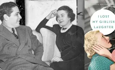 Two images side by side: Ring Lardner Jr and Silvia Schulman circa 1931 sit on a couch. Book cover of I Lost My Girlish Laughter.