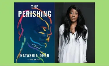 To the left is the cover of the book The Perishing; to the right is a photograph of Natashia Deon, pictured against a black background wearing a white blouse.