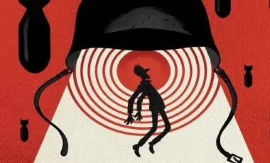 Image of man with bombs falling around him