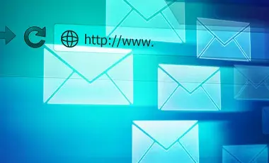 A transparent internet search bar displaying http://www. overlaying 7 digital envelopes.