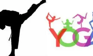 martial arts instruction kicking his leg up and yoga spelled out with people posing on each letter