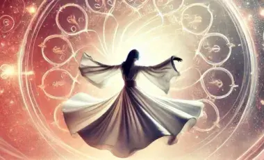 Woman wearing a long dress, twirling, and dancing on a backdrop of hearts with cosmic theme.